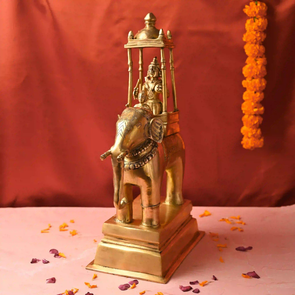 Brass Hindu Deity Seated on Elephant Statue With Mahavat (20.5 Inch) Vedansh Craft