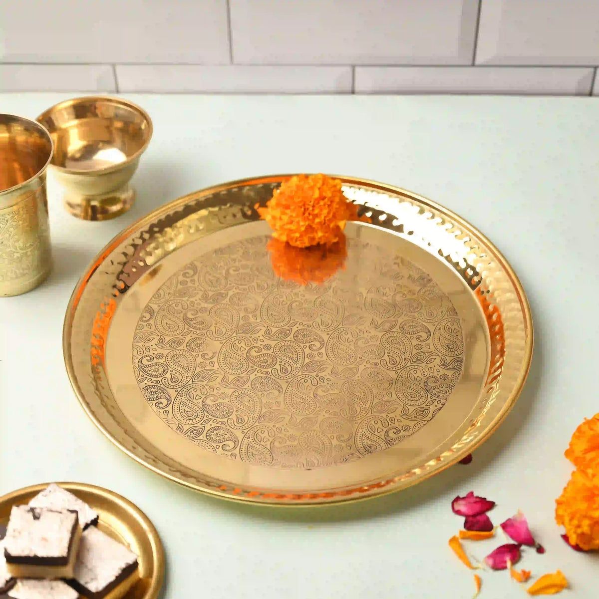 Brass Hammered Thali – Traditional Indian Brassware for Dining Elegance (11.2 Inch) Vedansh Craft