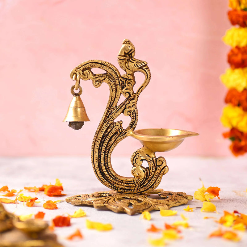 Brass Ethnic Peacock Diya With Hanging bell (7 Inch) Vedansh Craft