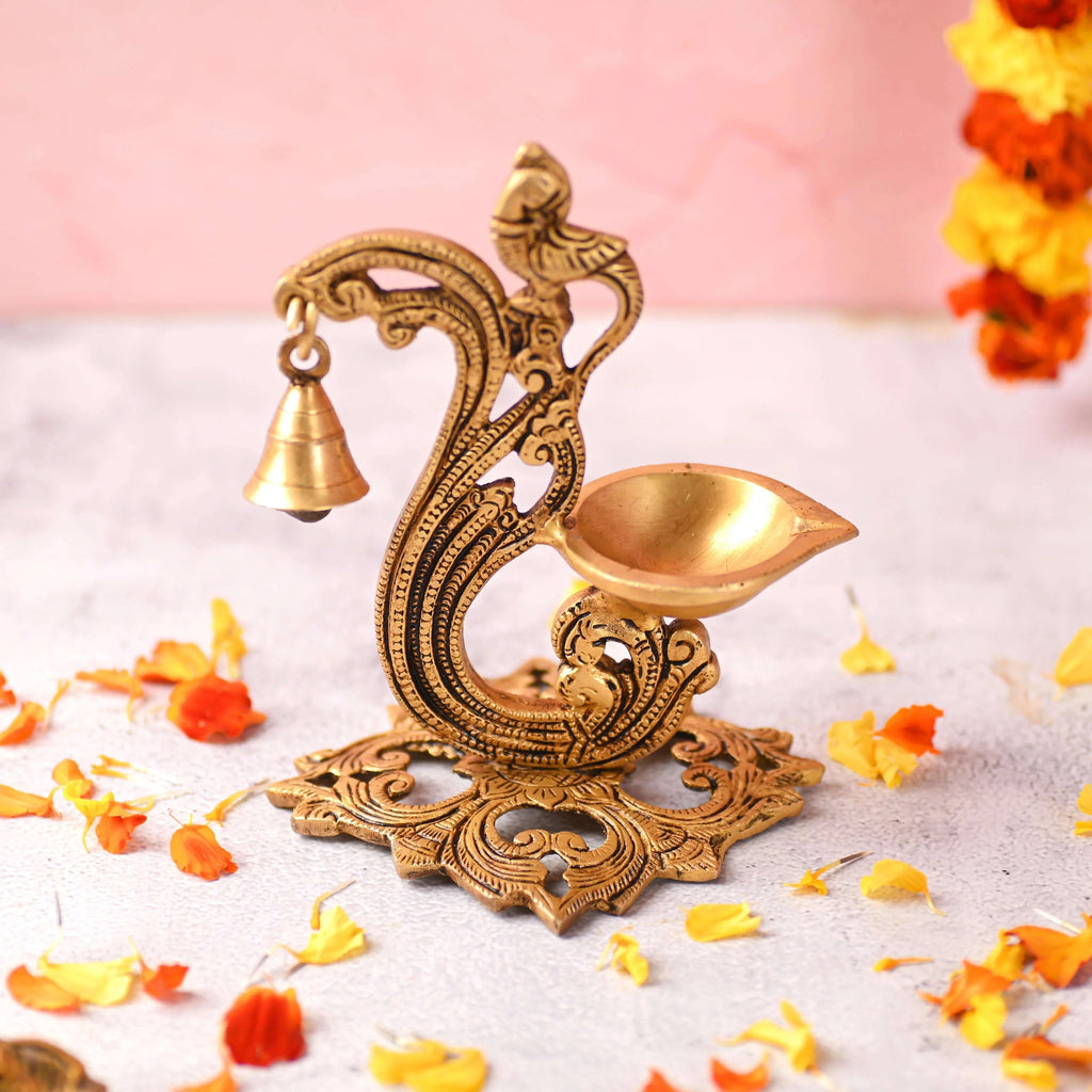 Brass Ethnic Peacock Diya With Hanging bell (7 Inch) Vedansh Craft
