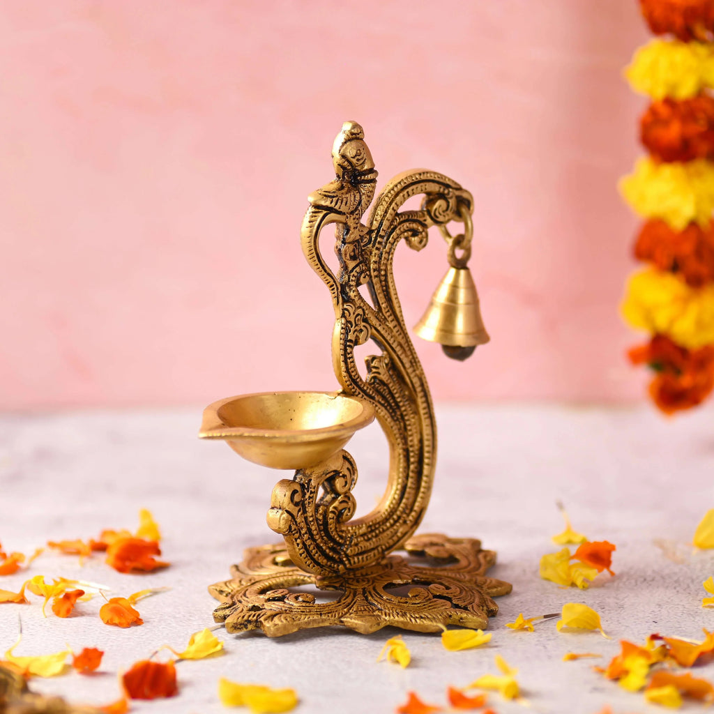 Brass Ethnic Peacock Diya With Hanging bell (7 Inch) Vedansh Craft