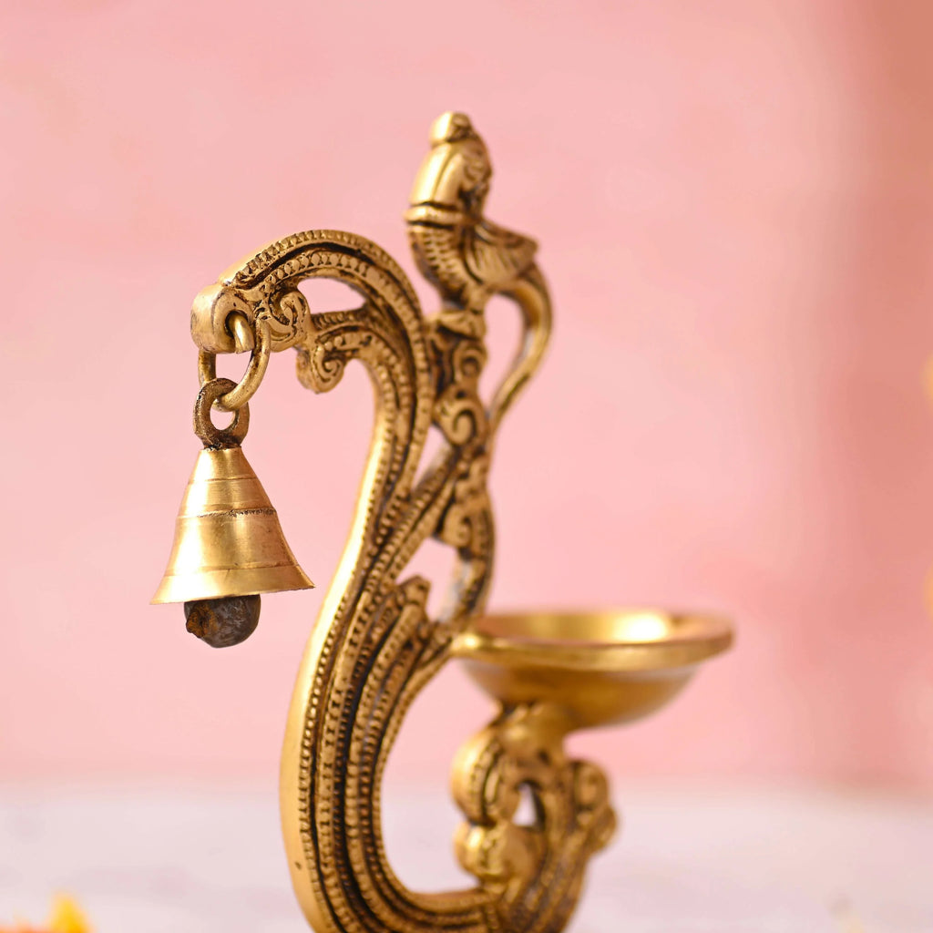 Brass Ethnic Peacock Diya With Hanging bell (7 Inch) Vedansh Craft