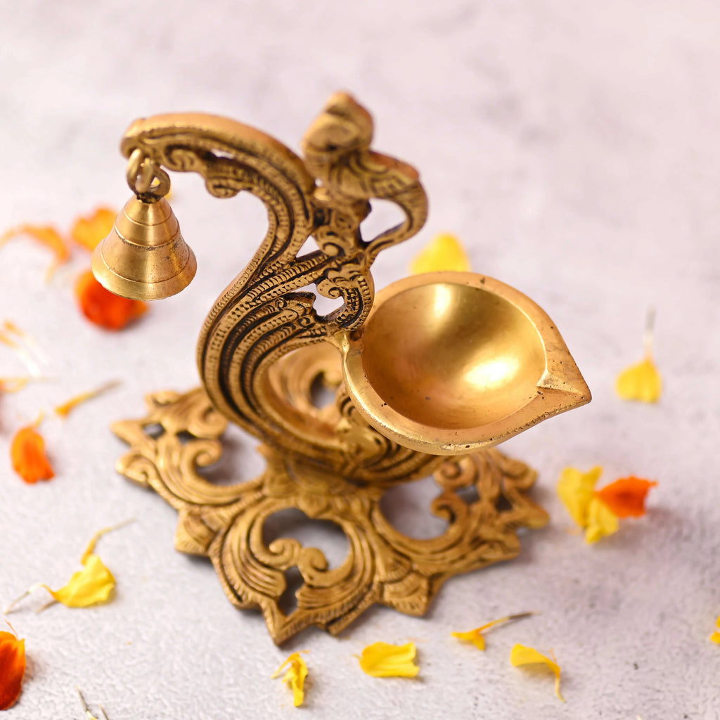 Brass Ethnic Peacock Diya With Hanging bell (7 Inch) Vedansh Craft