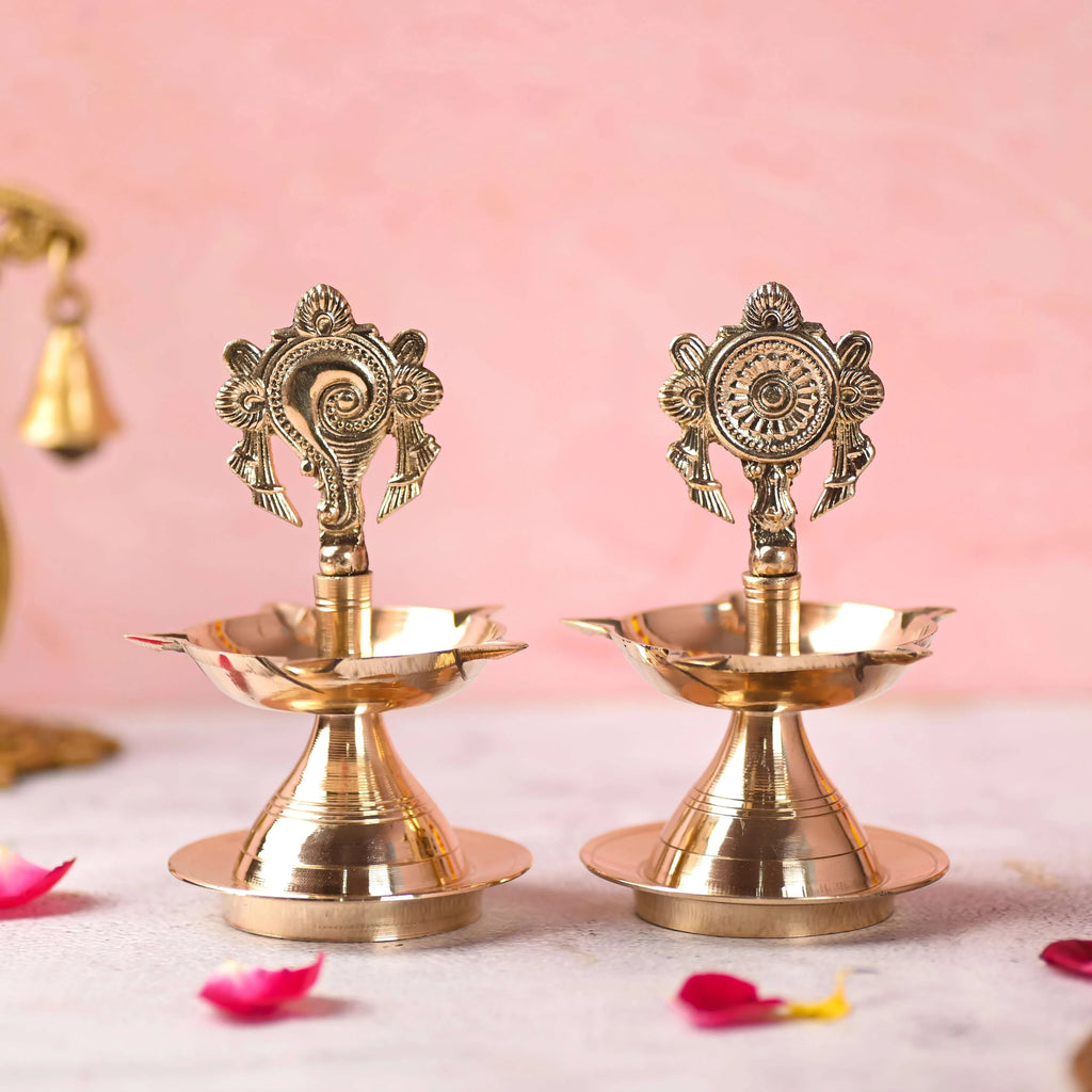 Brass Shankh Chakra Five Petal Diya Set (5.5 Inch) Vedansh Craft