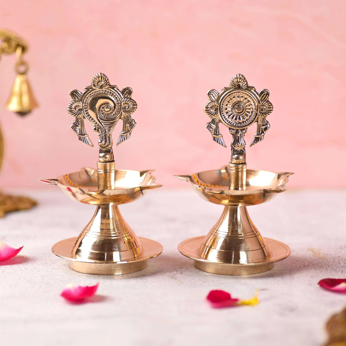 Brass Shankh Chakra Five Petal Diya Set (5.5 Inch) Vedansh Craft