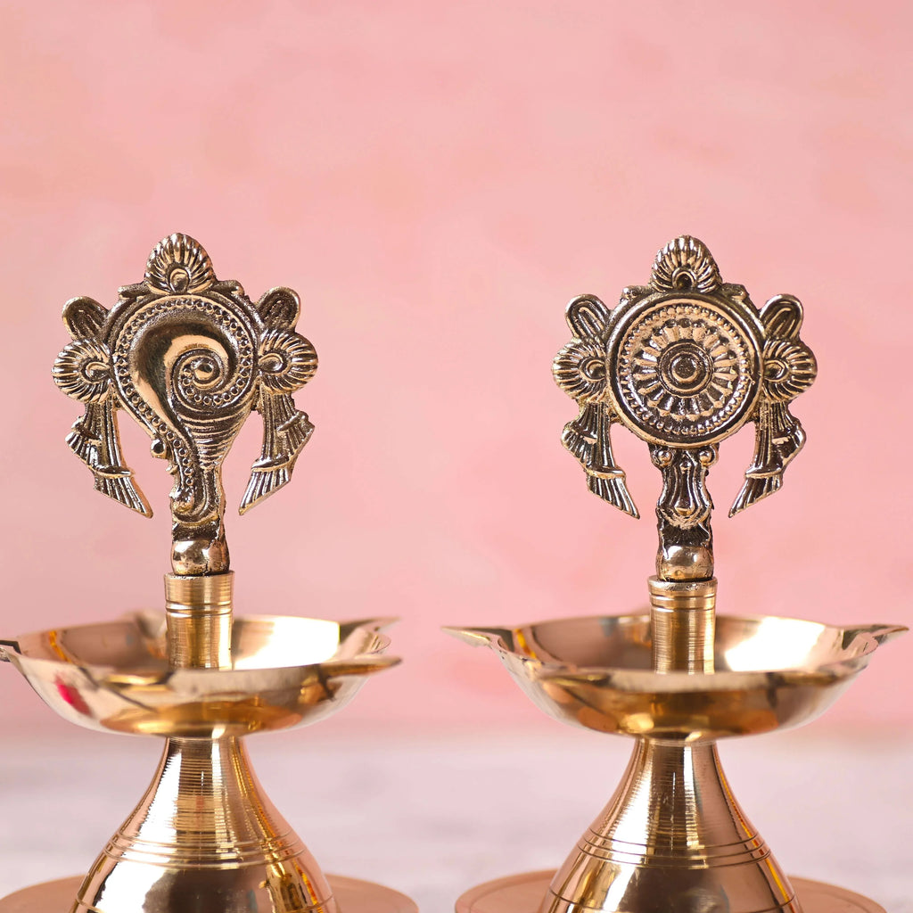 Brass Shankh Chakra Five Petal Diya Set (5.5 Inch) Vedansh Craft