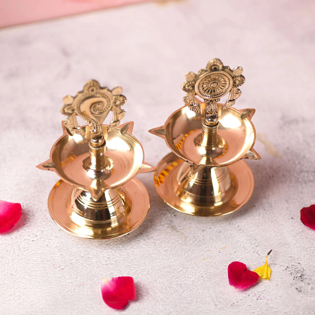 Brass Shankh Chakra Five Petal Diya Set (5.5 Inch) Vedansh Craft