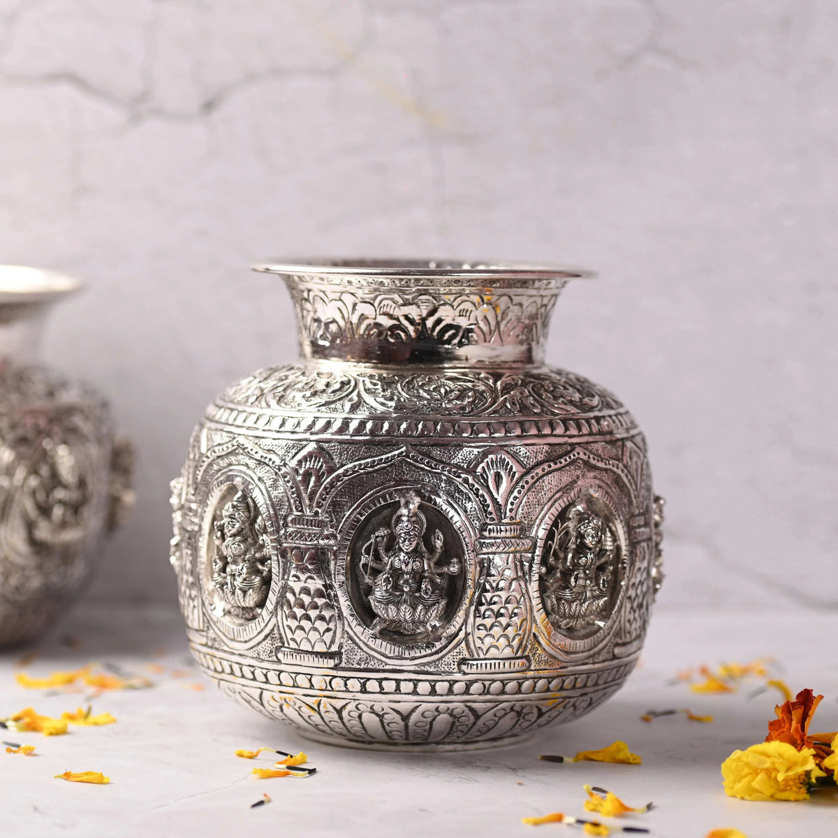 Brass Silver Plated Ashtalakshmi Kodam / Kalash (6.5 Inch) Vedansh Craft