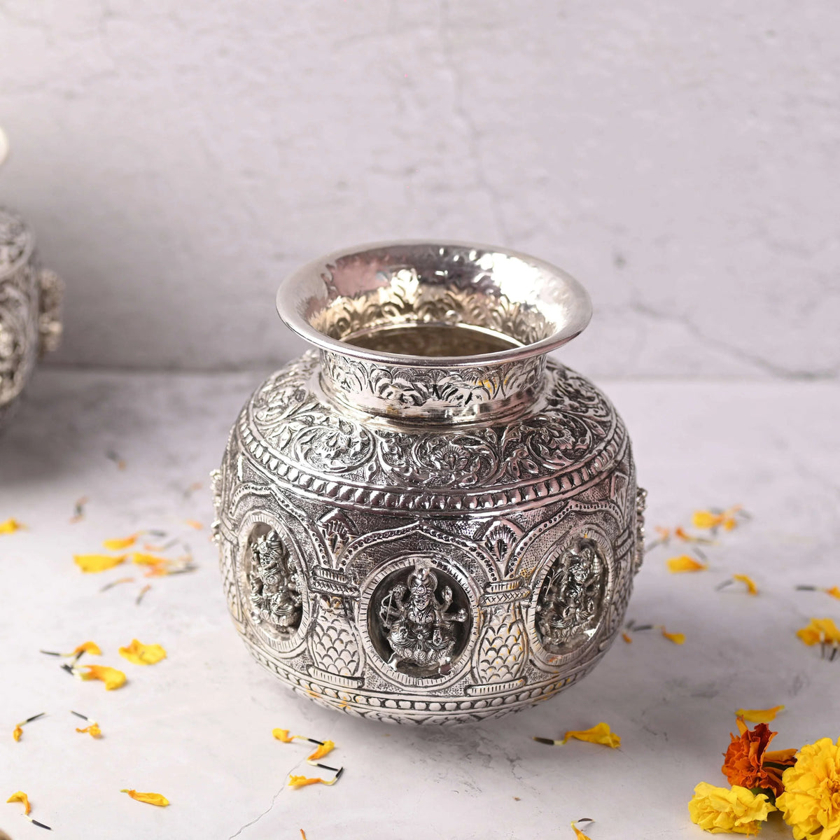 Brass Silver Plated Ashtalakshmi Kodam / Kalash (6.5 Inch) Vedansh Craft