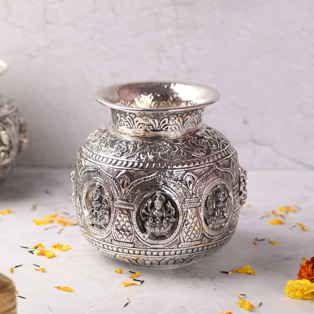 Brass Silver Plated Ashtalakshmi Kodam / Kalash (6.5 Inch) Vedansh Craft