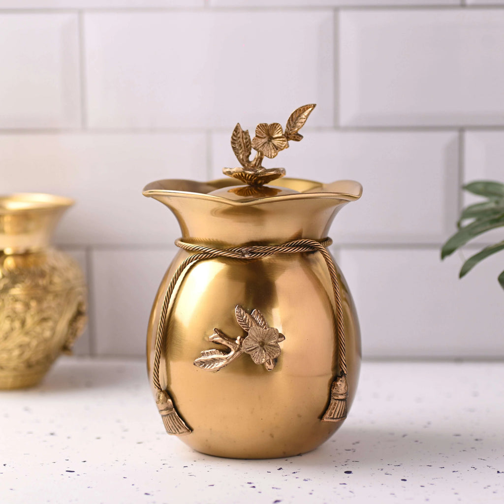 Brass Decorative Jar with Lid Neck Ribbon Bow Design Vedansh Craft