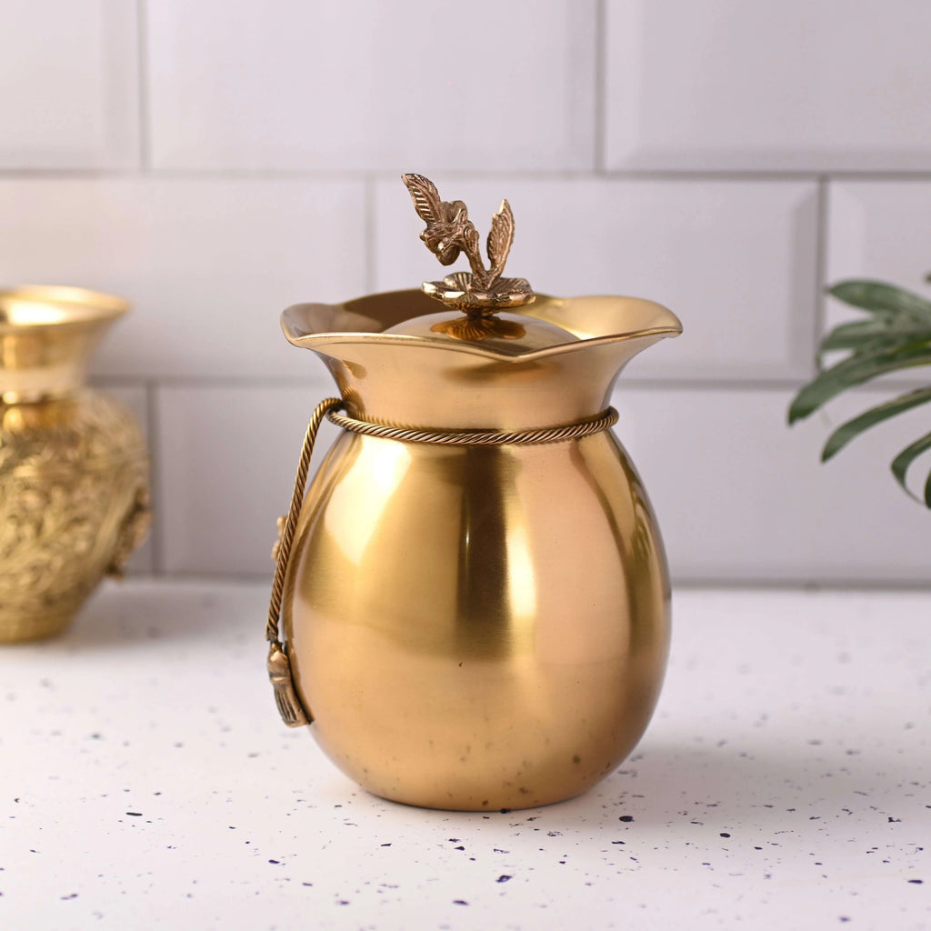 Brass Decorative Jar with Lid Neck Ribbon Bow Design Vedansh Craft