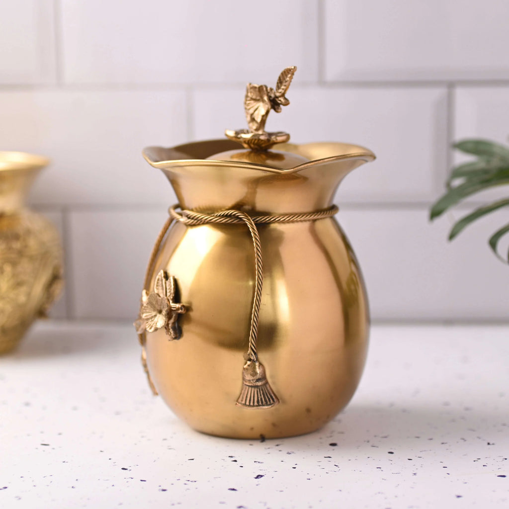 Brass Decorative Jar with Lid Neck Ribbon Bow Design Vedansh Craft