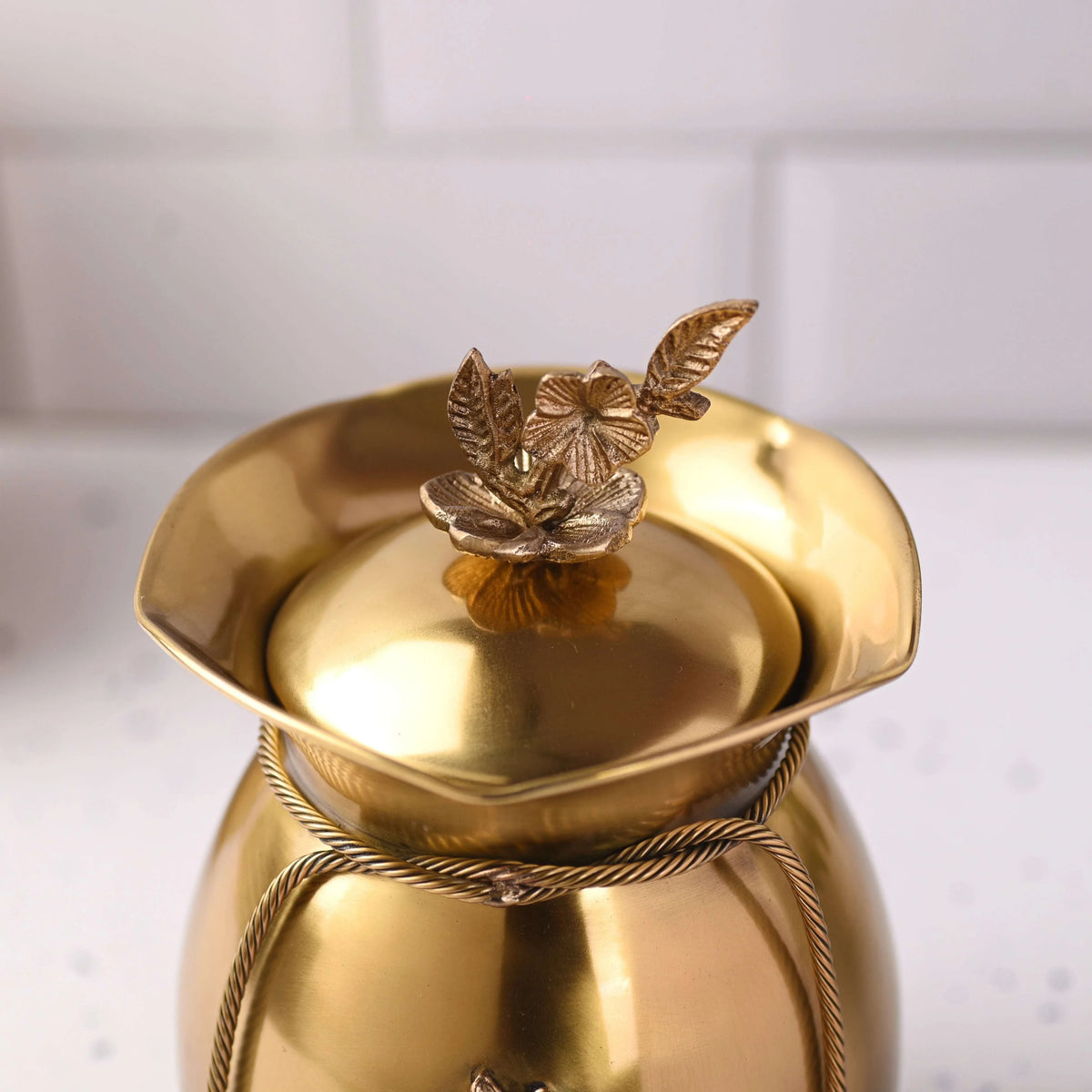 Brass Decorative Jar with Lid Neck Ribbon Bow Design Vedansh Craft