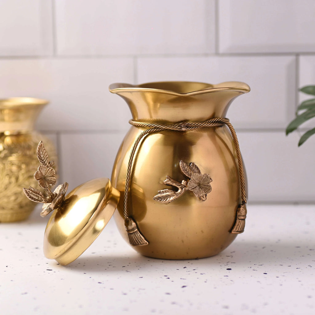 Brass Decorative Jar with Lid Neck Ribbon Bow Design Vedansh Craft