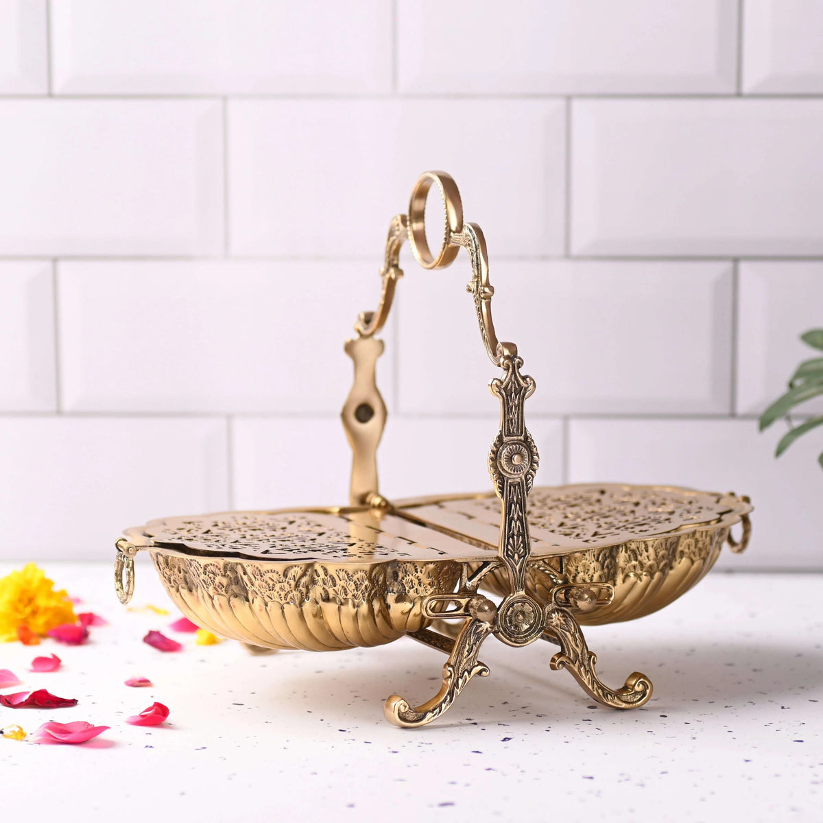 Brass Folding Serving Platter Biscuit Caddy Barrel Box (9.3 Inch) Vedansh Craft