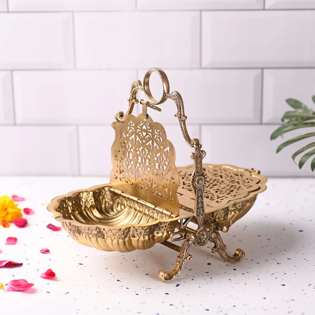 Brass Folding Serving Platter Biscuit Caddy Barrel Box (9.3 Inch) Vedansh Craft