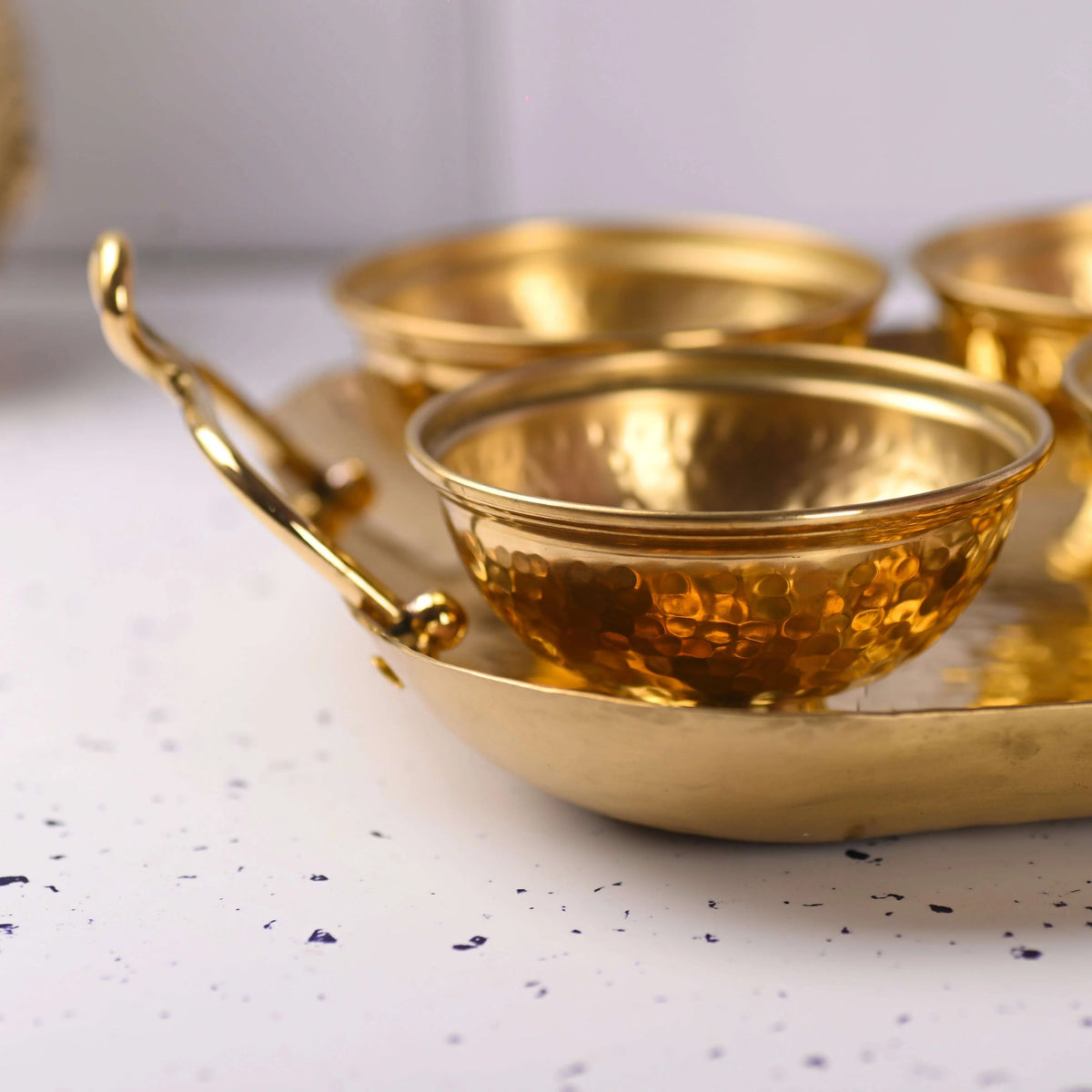 Brass Hammered Serving Tray / Platter With Bowl and Spoon Set With Velvet Box Vedansh Craft