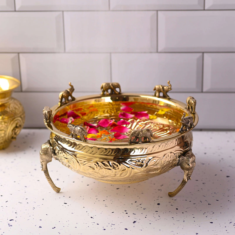 Brass Urli Bowl with Elephant Legs Vedansh Craft