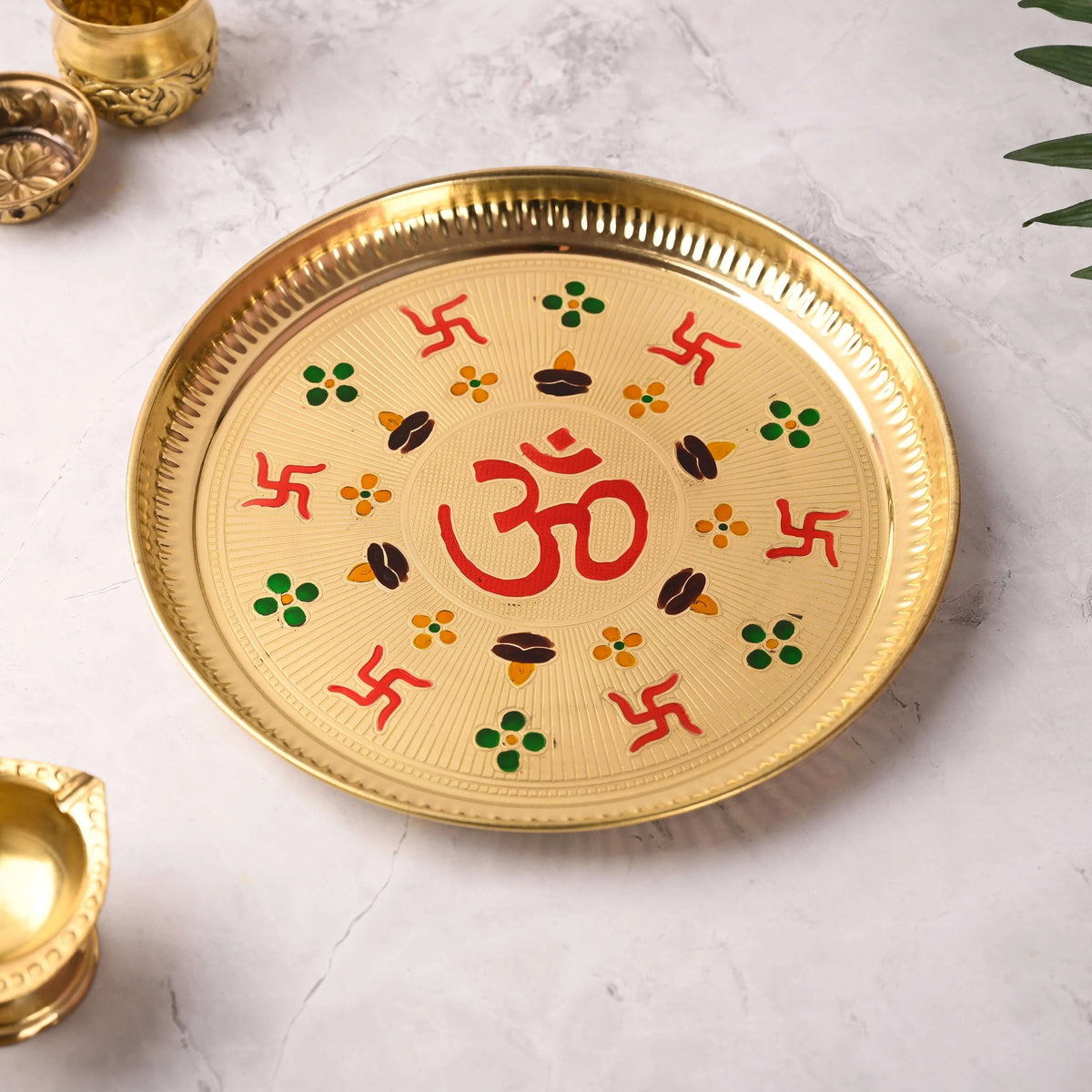 Brass Hand Painted Om & Swastik Pooja Thali (10 Inch) Vedansh Craft