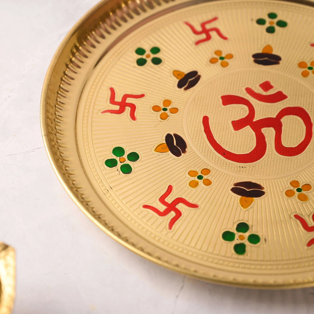 Brass Hand Painted Om & Swastik Pooja Thali (10 Inch) Vedansh Craft