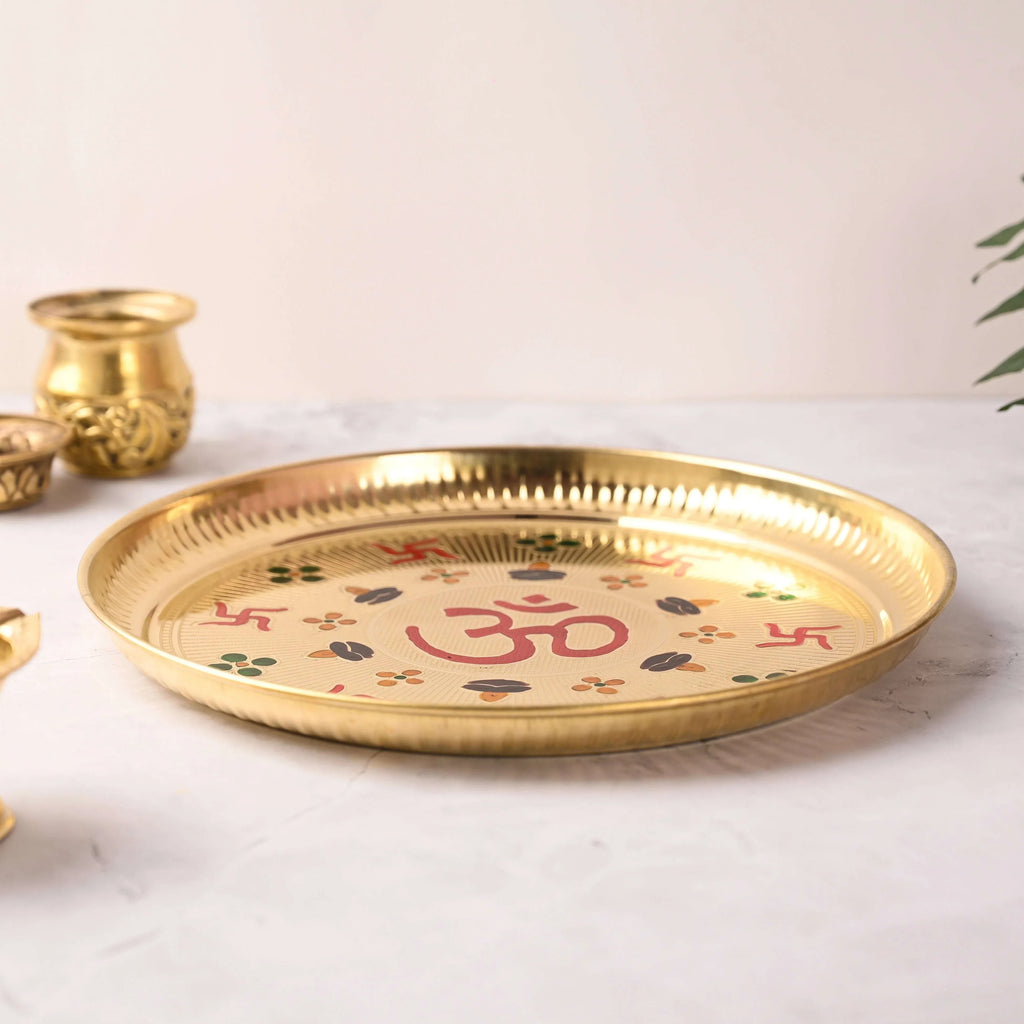 Brass Hand Painted Om & Swastik Pooja Thali (10 Inch) Vedansh Craft