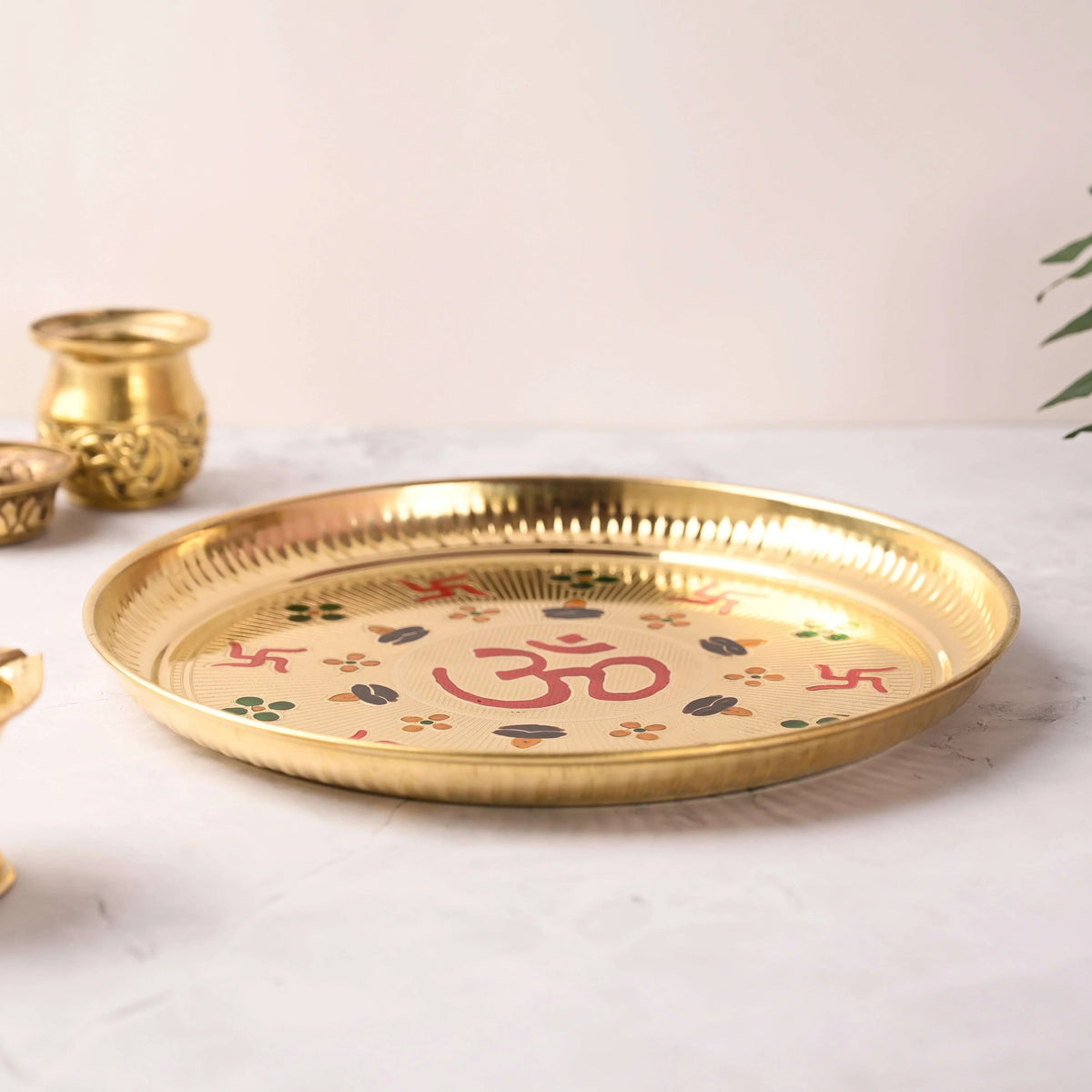 Brass Hand Painted Om & Swastik Pooja Thali (10 Inch) Vedansh Craft