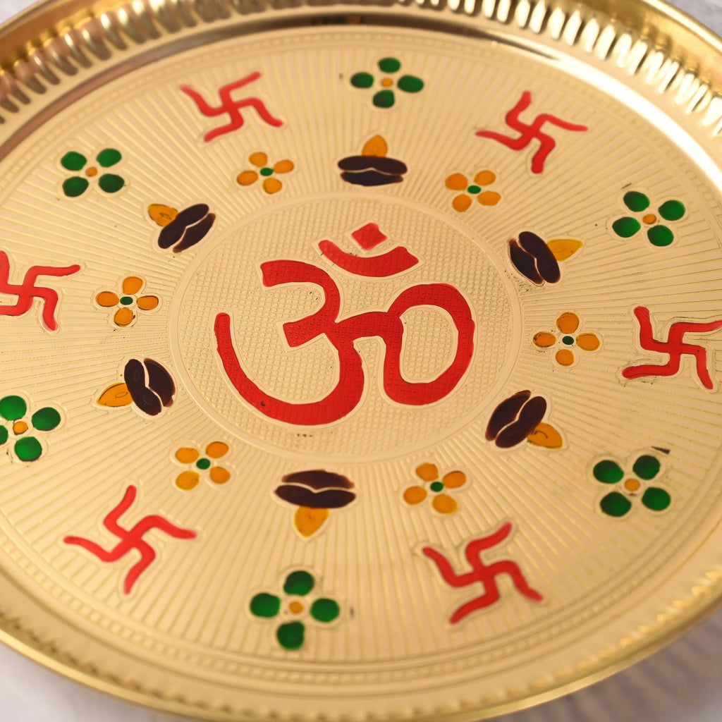 Brass Hand Painted Om & Swastik Pooja Thali (10 Inch) Vedansh Craft