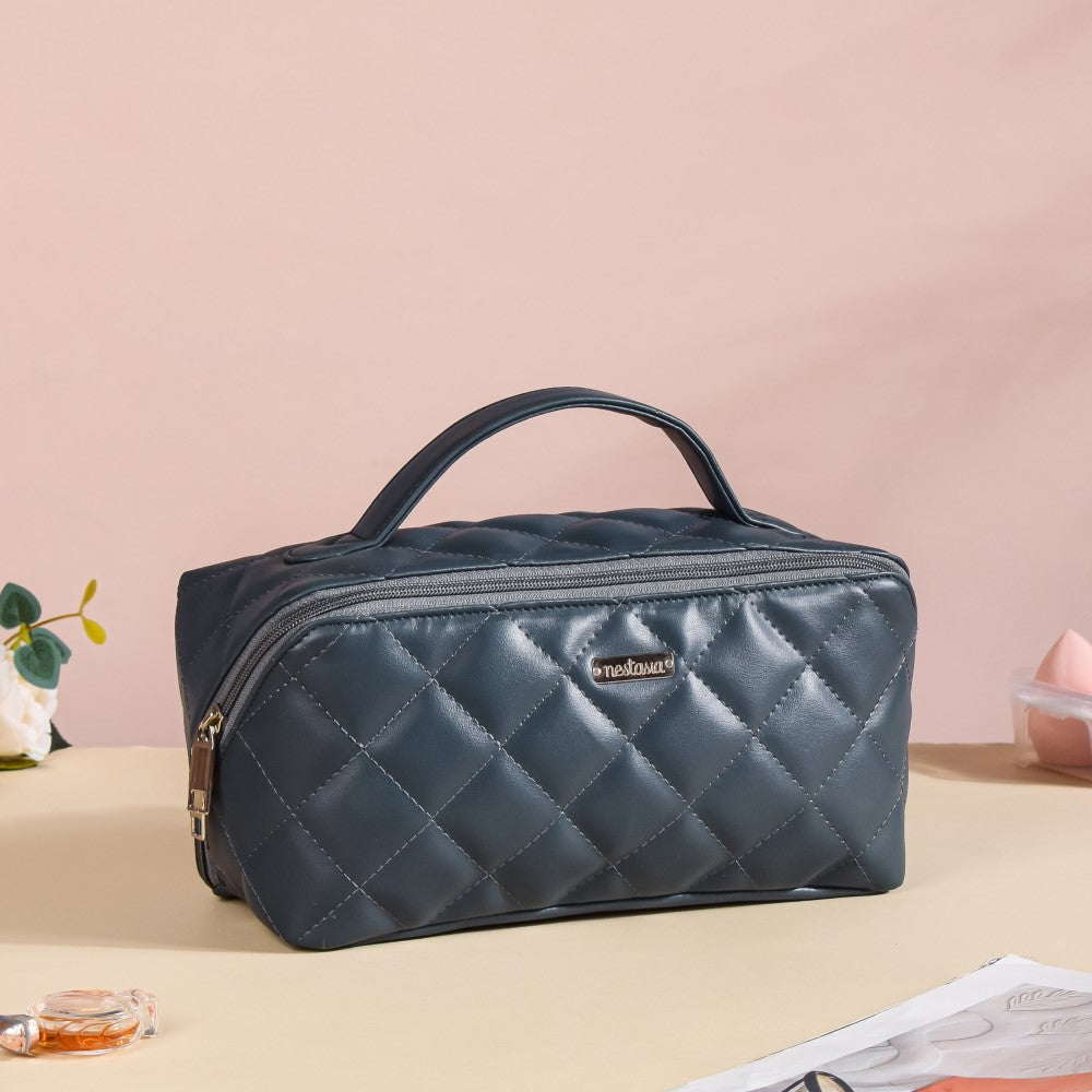 Makeup Pouch With Diagonal Side Zip Blue Grey Large Nestasia