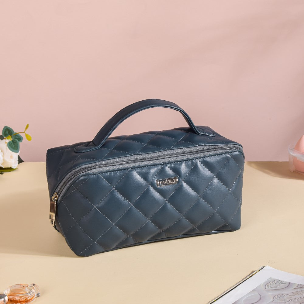 Makeup Pouch With Diagonal Side Zip Blue Grey Large Nestasia