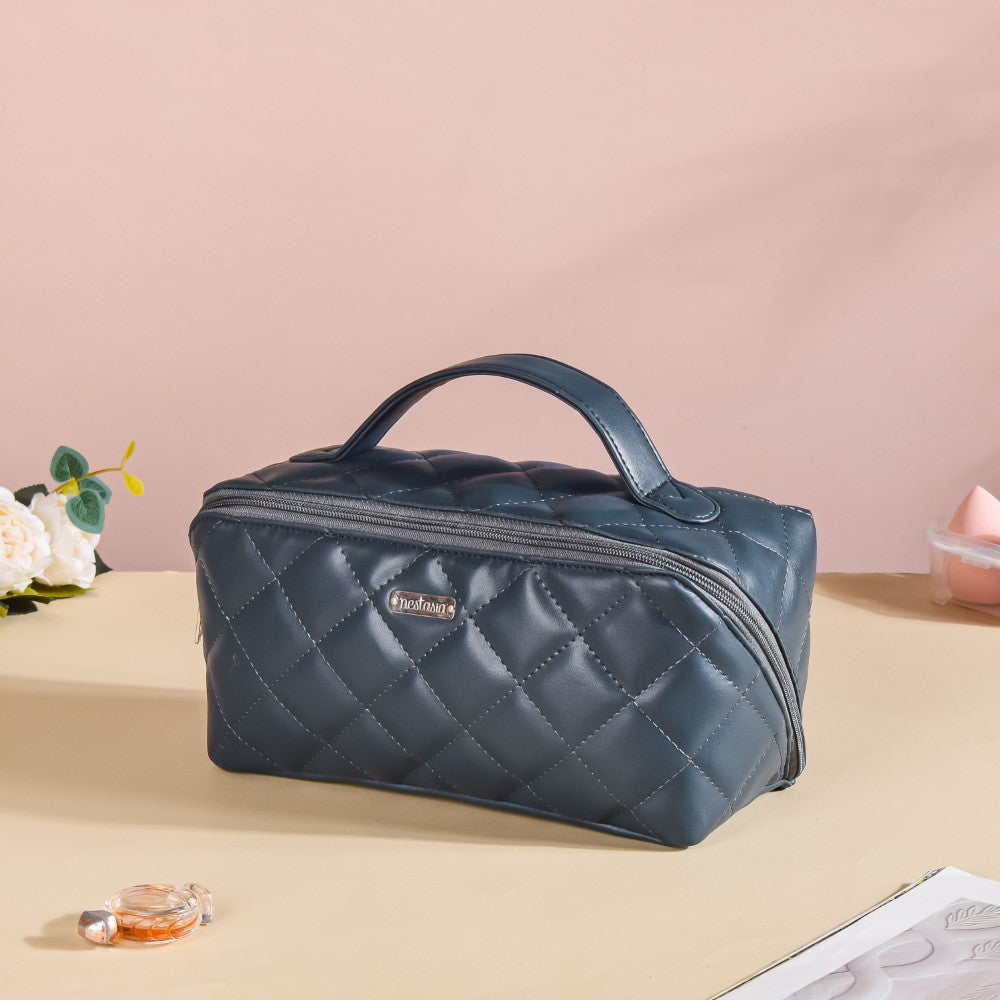 Makeup Pouch With Diagonal Side Zip Blue Grey Large Nestasia