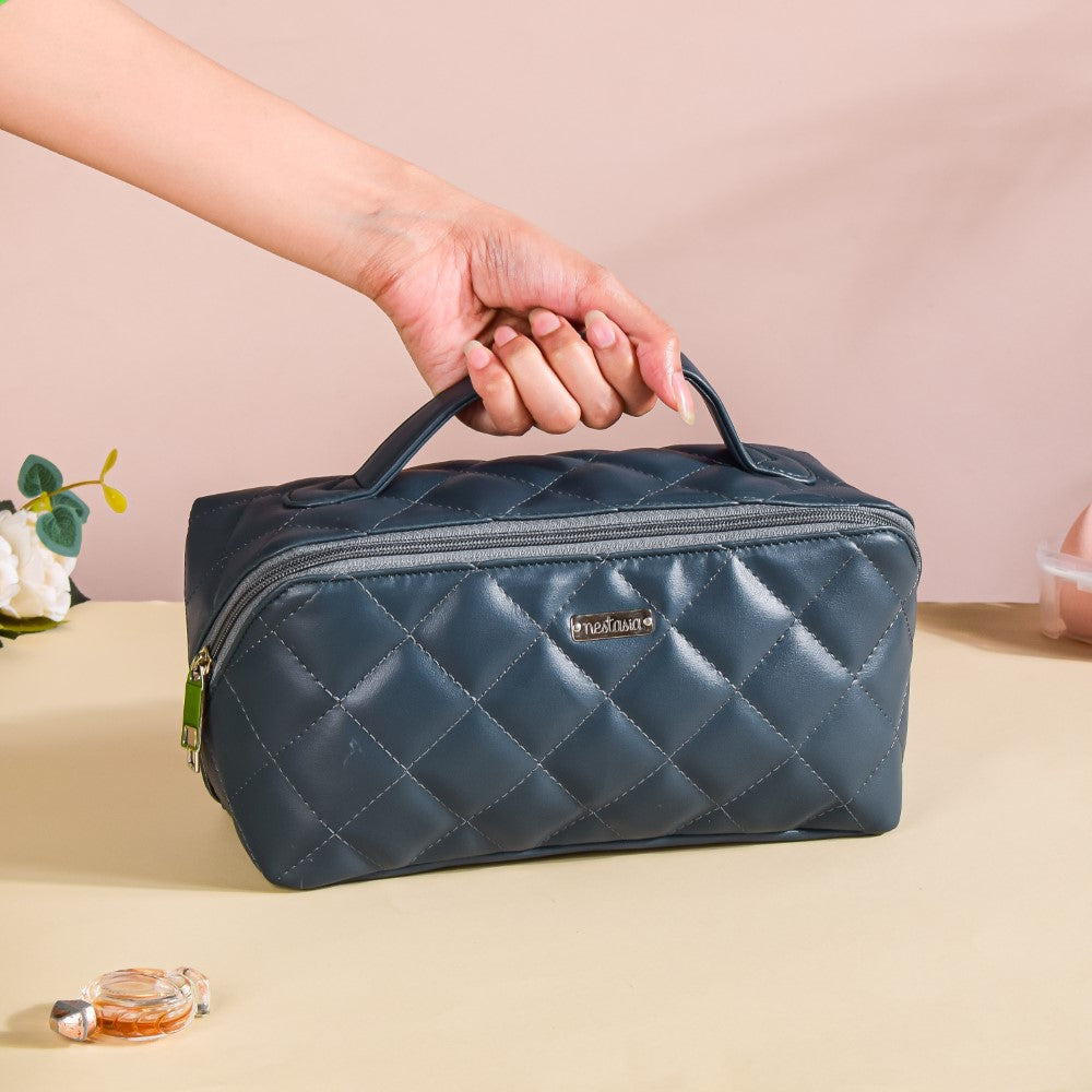 Makeup Pouch With Diagonal Side Zip Blue Grey Large Nestasia