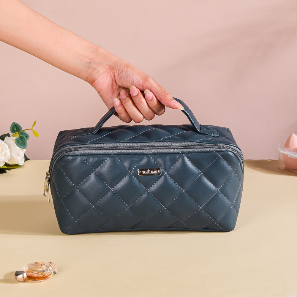Makeup Pouch With Diagonal Side Zip Blue Grey Large Nestasia