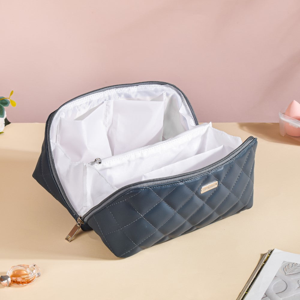 Makeup Pouch With Diagonal Side Zip Blue Grey Large Nestasia