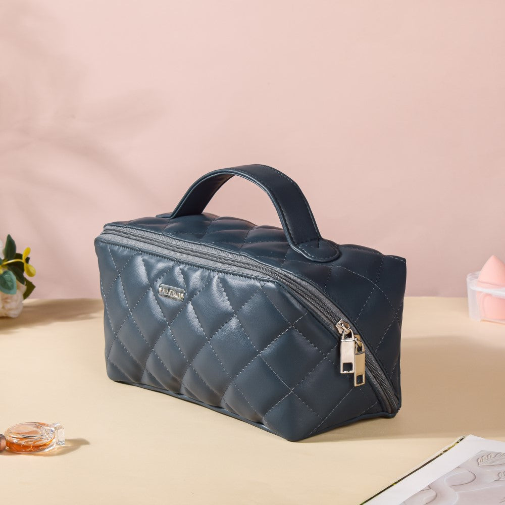 Makeup Pouch With Diagonal Side Zip Blue Grey Large Nestasia