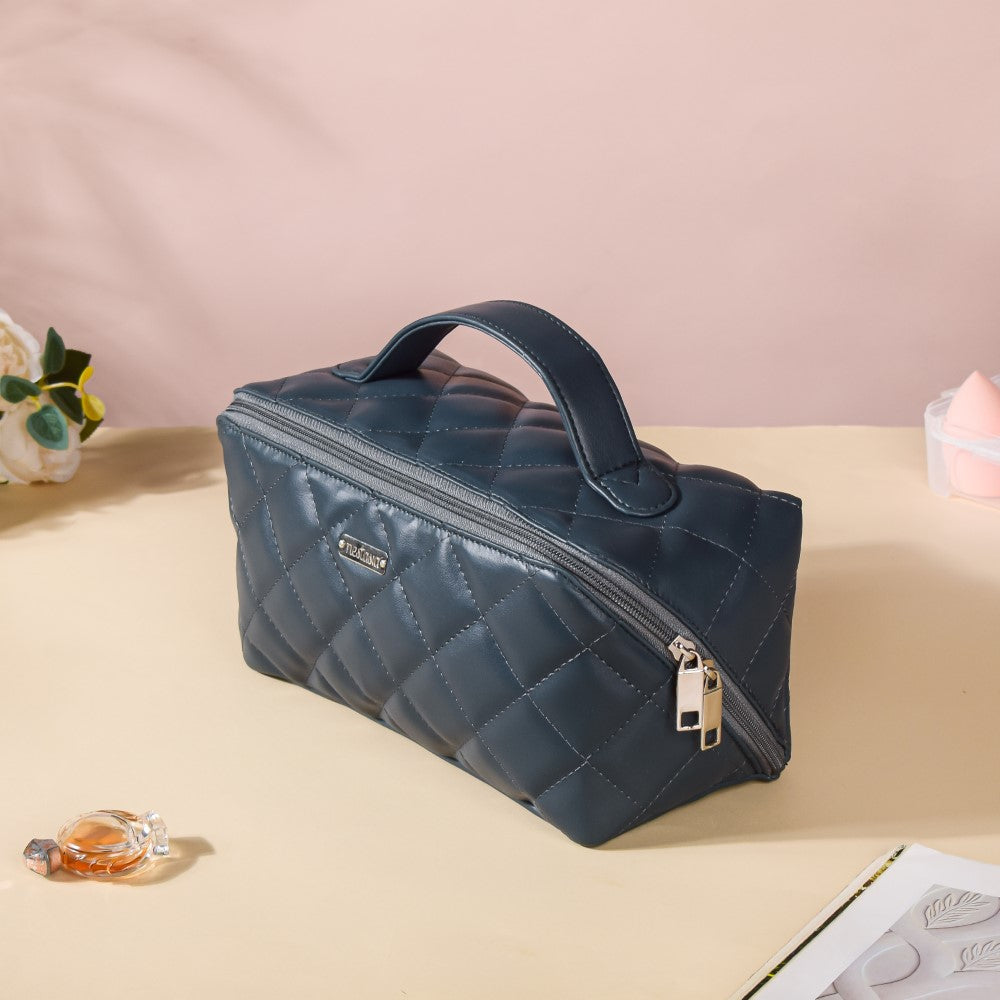 Makeup Pouch With Diagonal Side Zip Blue Grey Large Nestasia