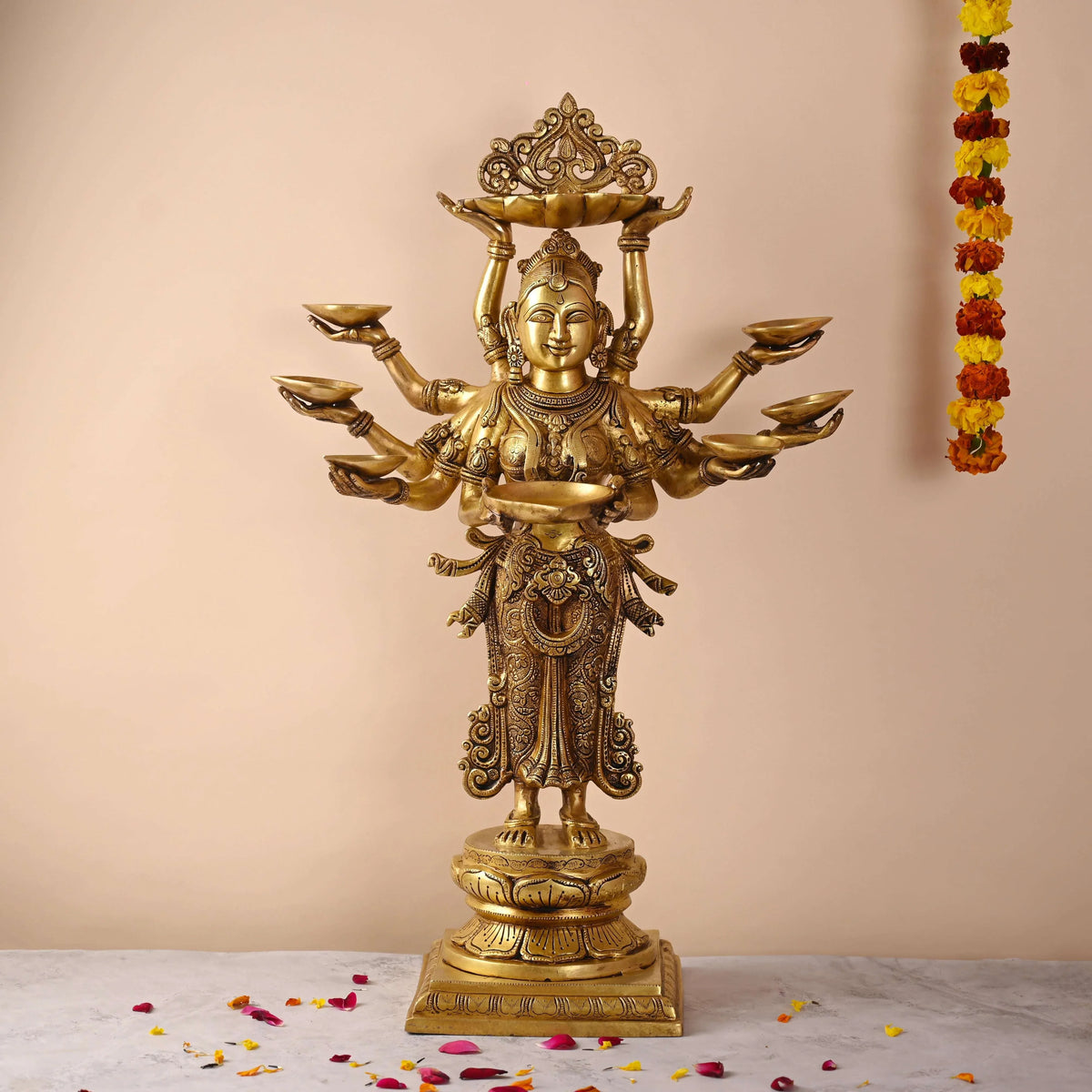 Brass Deep Standing Lakshmi with Ten Arms (13.5 Inch) Vedansh Craft