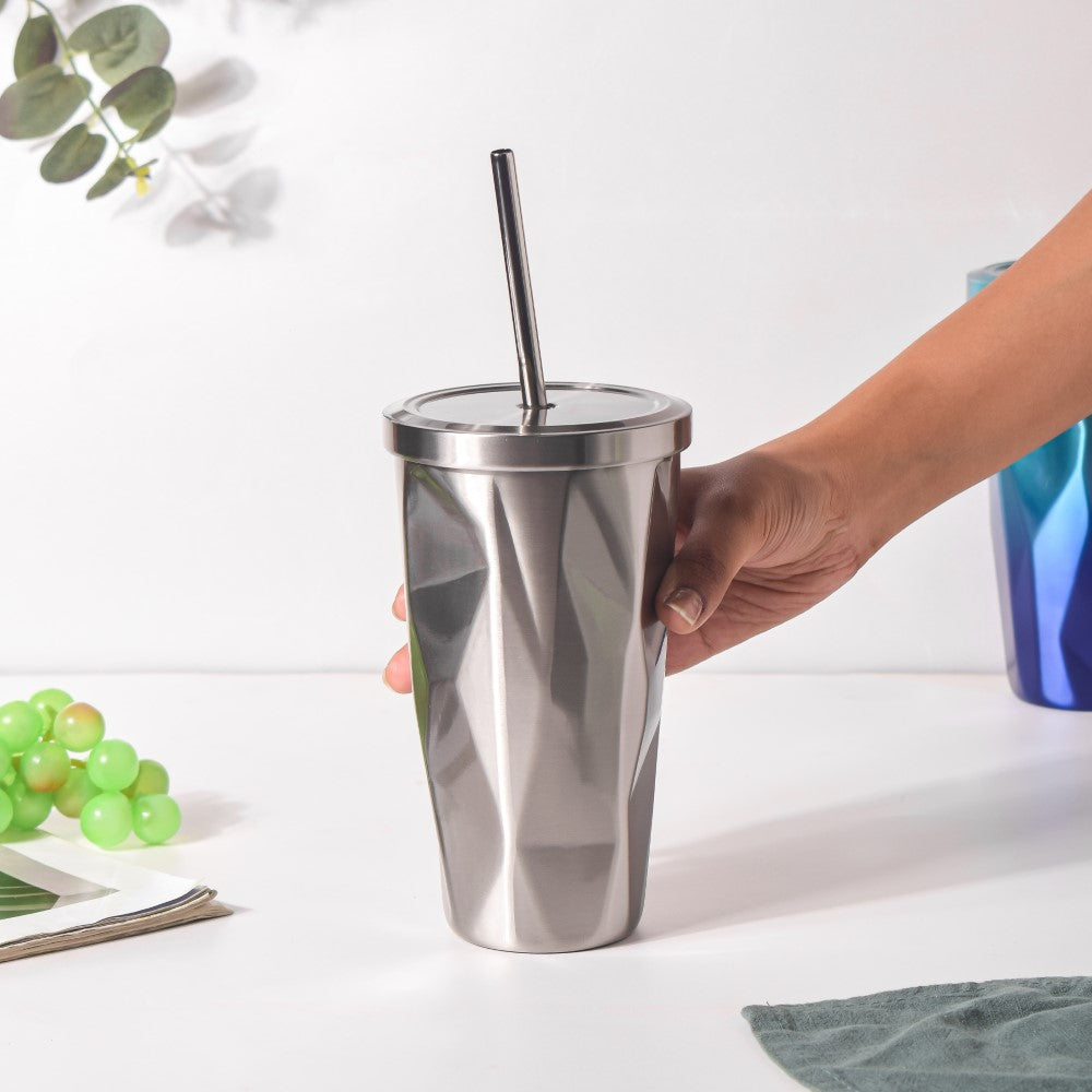 Double Walled Tumbler With Straw Silver 500ml Nestasia