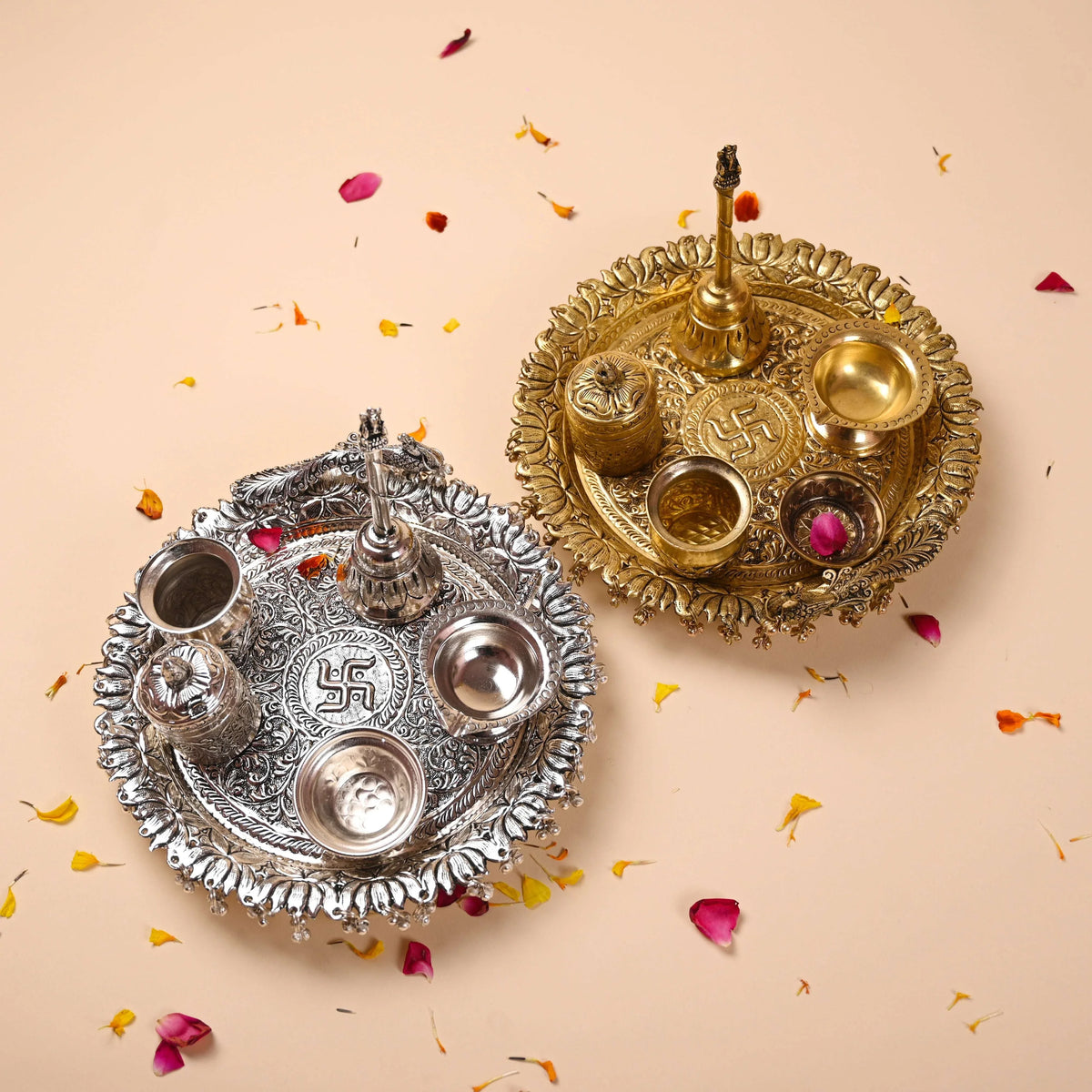 Brass Silver Plated Peacock Pooja Thali Set With Ghungroo (1 Kg) Vedansh Craft
