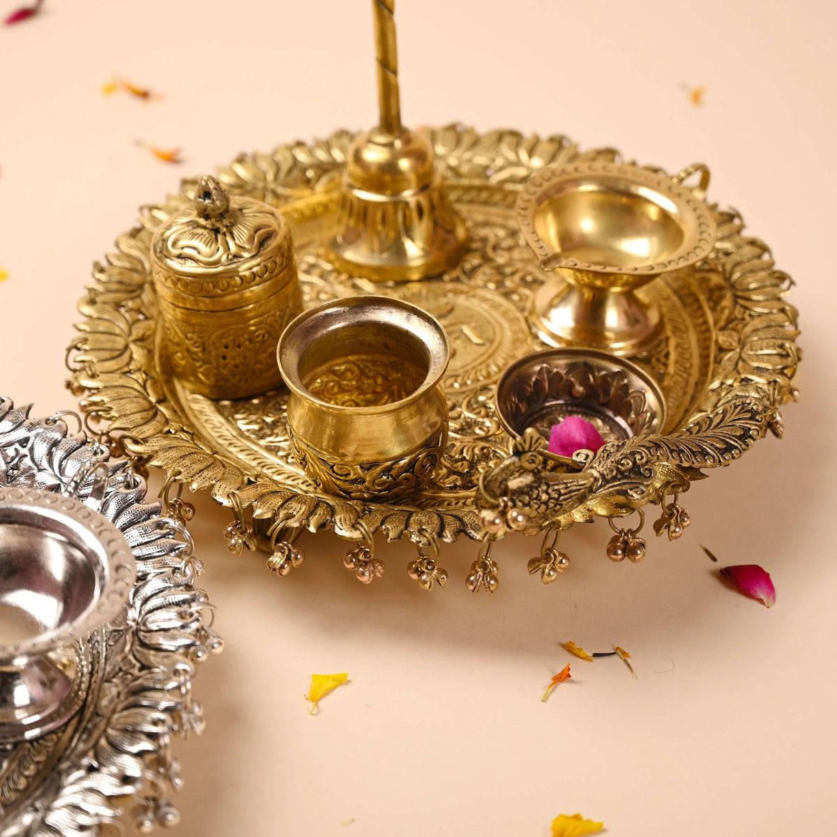 Brass Silver Plated Peacock Pooja Thali Set With Ghungroo (1 Kg) Vedansh Craft