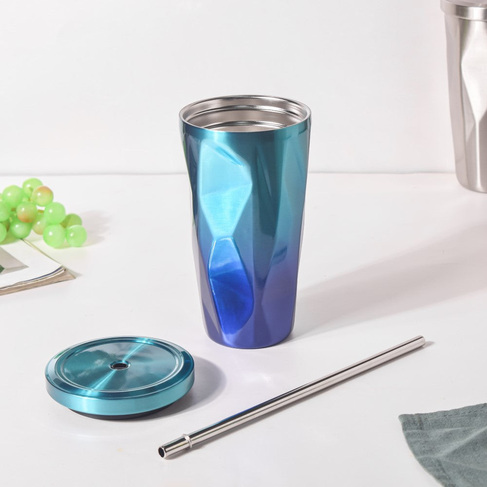 Double Walled Ombre Tumbler With Straw Blue 500ml Nestasia