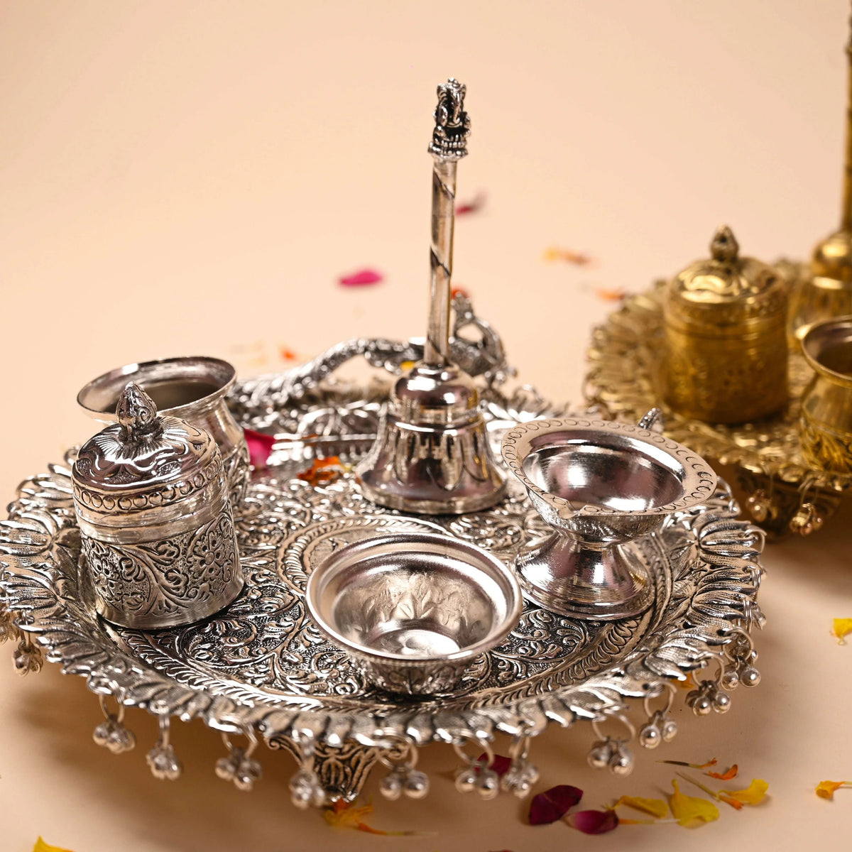 Brass Silver Plated Peacock Pooja Thali Set With Ghungroo (1 Kg) Vedansh Craft