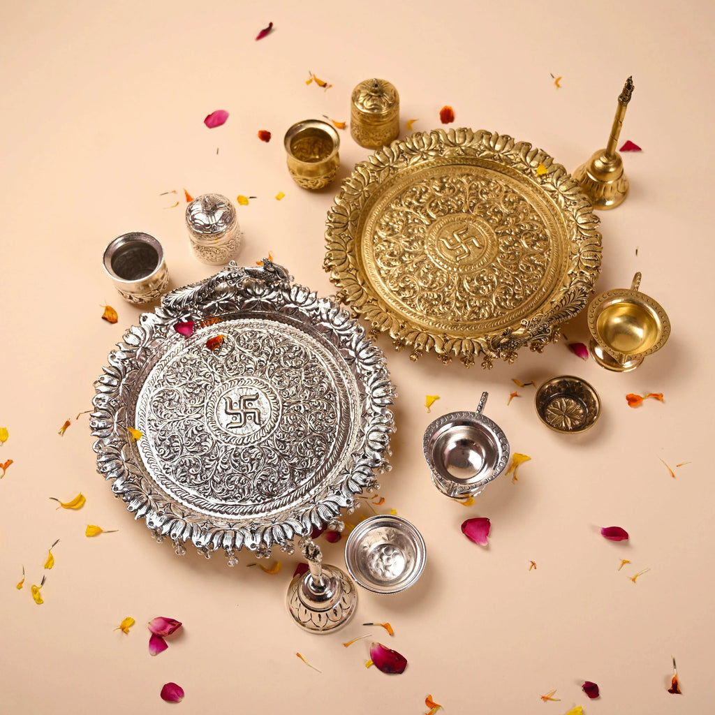 Brass Silver Plated Peacock Pooja Thali Set With Ghungroo (1 Kg) Vedansh Craft