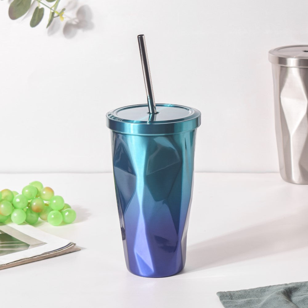 Double Walled Ombre Tumbler With Straw Blue 500ml Nestasia