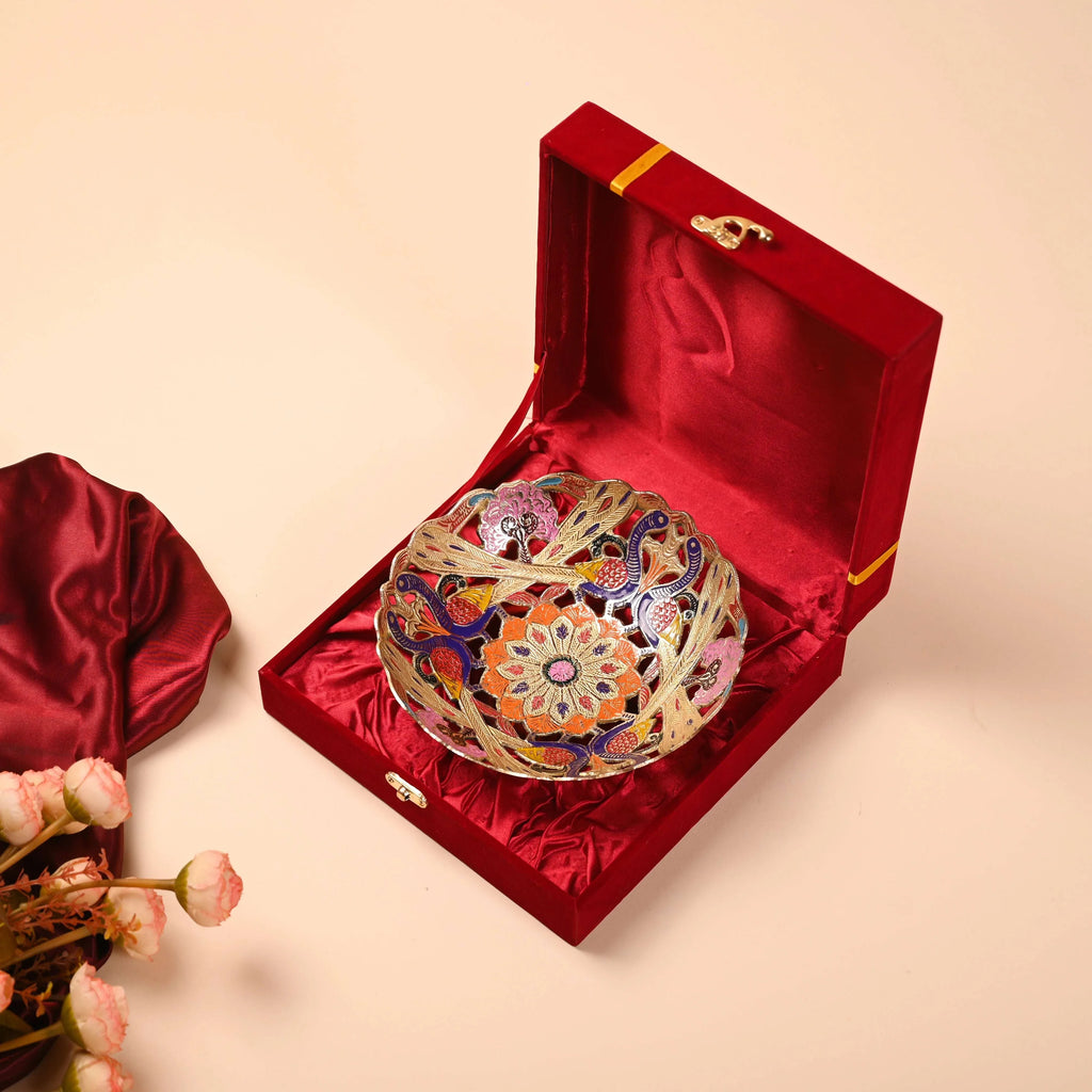 Brass Hand Painted Peacock Fruit Bowl With Velvet Box (7.5 Inch) Vedansh Craft