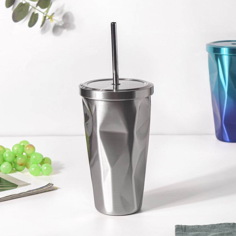 Double Walled Tumbler With Straw Silver 500ml Nestasia