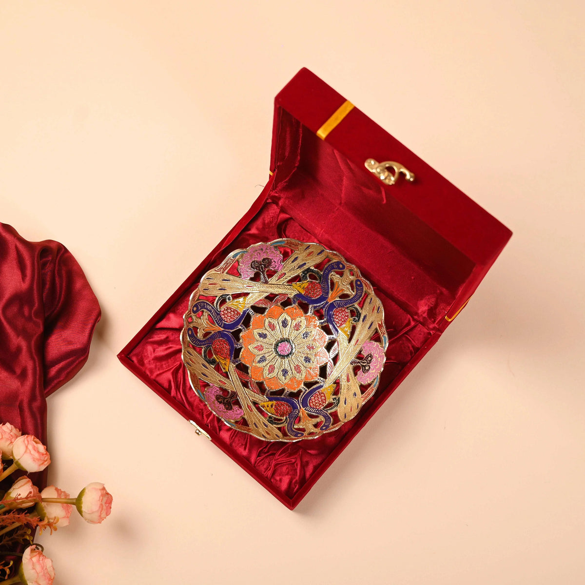 Brass Hand Painted Peacock Fruit Bowl With Velvet Box (7.5 Inch) Vedansh Craft