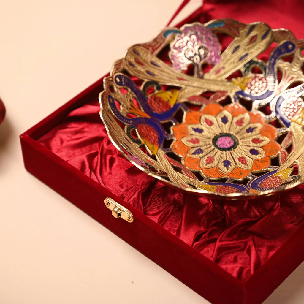 Brass Hand Painted Peacock Fruit Bowl With Velvet Box (7.5 Inch) Vedansh Craft
