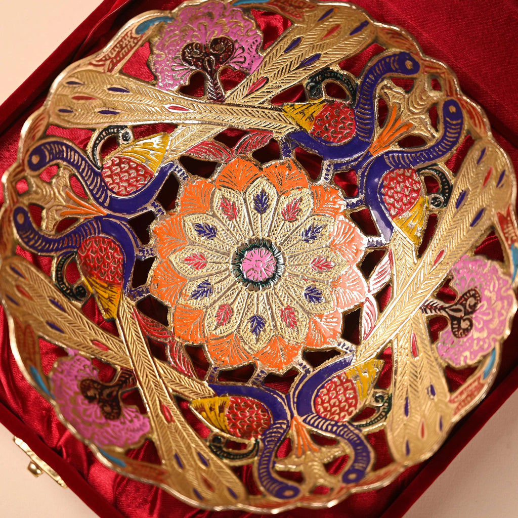 Brass Hand Painted Peacock Fruit Bowl With Velvet Box (7.5 Inch) Vedansh Craft