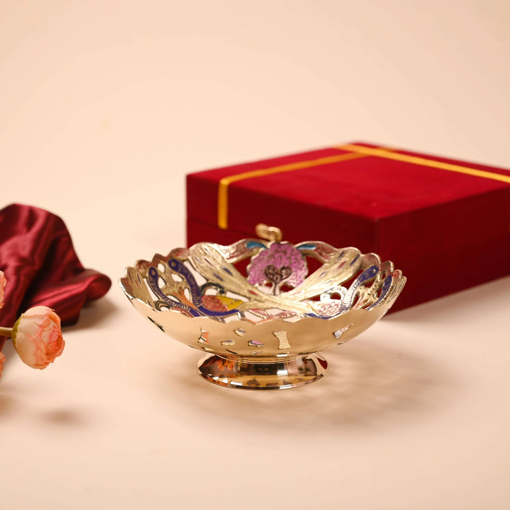 Brass Hand Painted Peacock Fruit Bowl With Velvet Box (7.5 Inch) Vedansh Craft